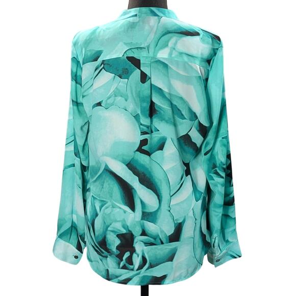 Alfani Floral Crossover Top Green Aqua Black Long Sleeve Roll Tab Size 8 - Picture 3 of 15